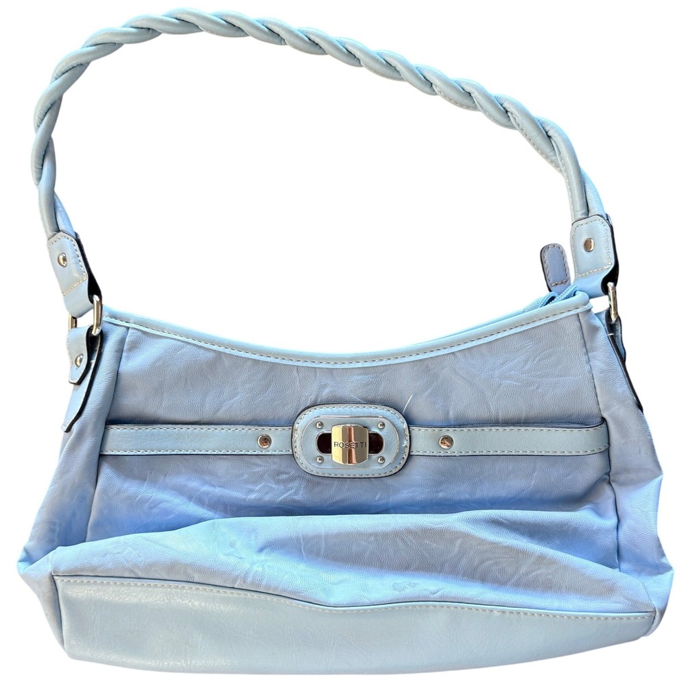Rosetti Braided Strap Shoulder Bag Turn Lock Light Blue Medium Faux Leather Bag